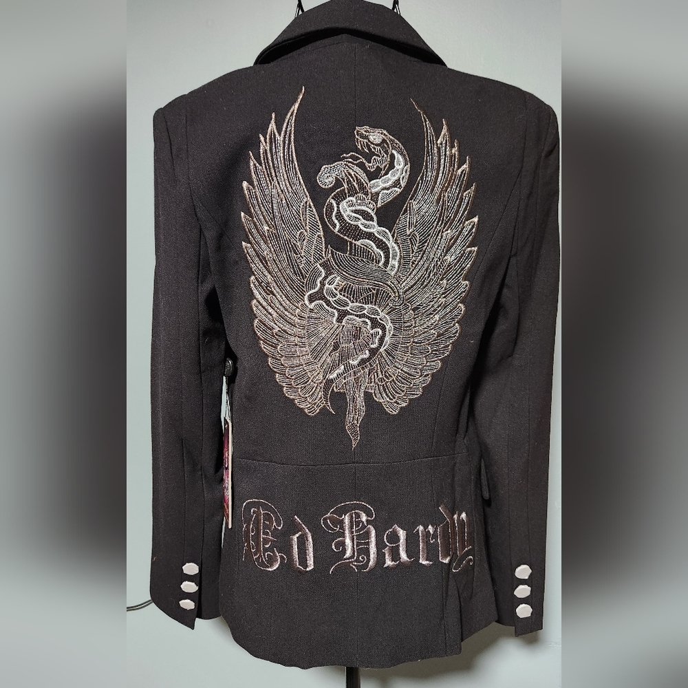 Ed Hardy Black Jacket with Embroidered Snake and Wings. NWT. Size XS